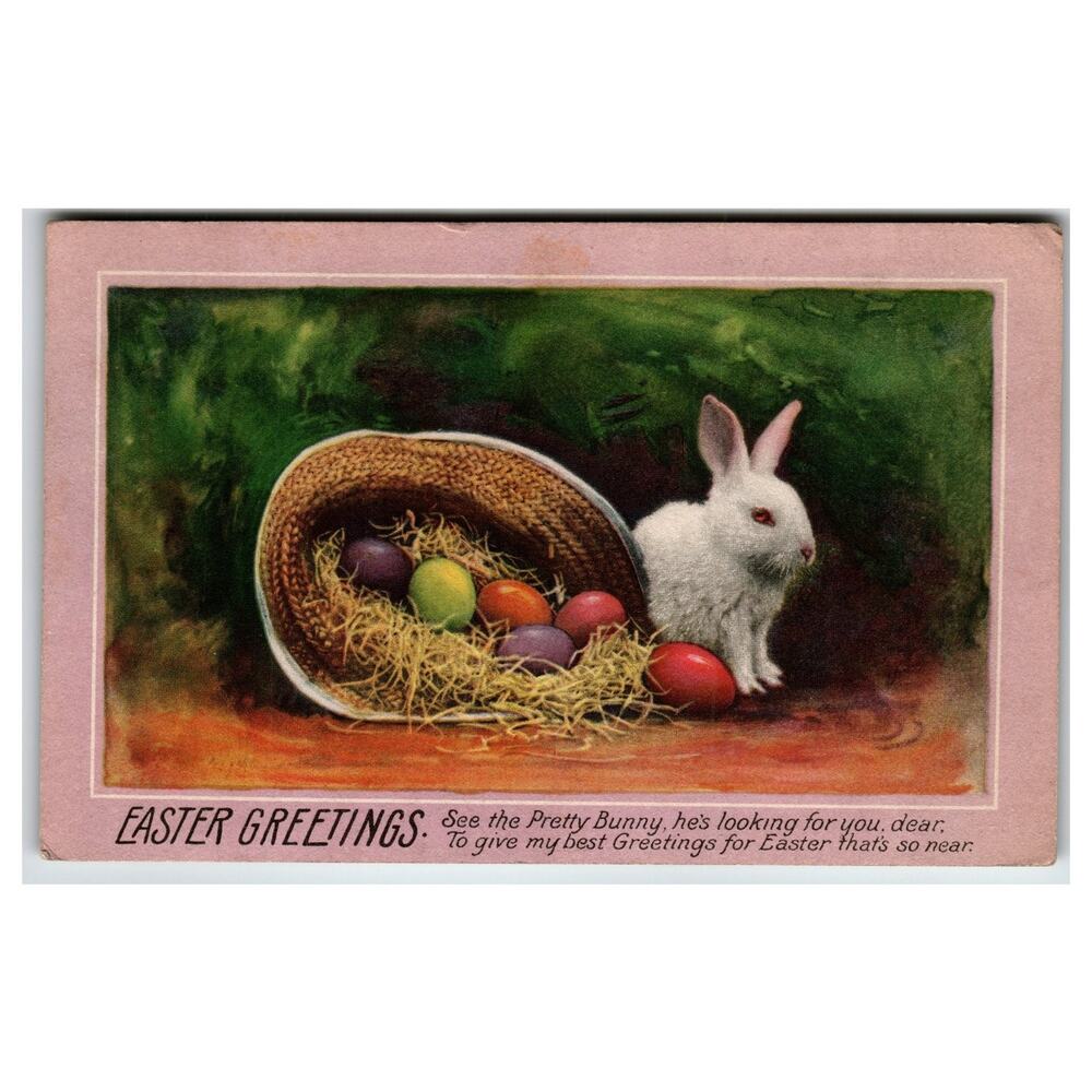1917 Easter Greetings Postcard White Bunny Straw Hat & Colorful Eggs